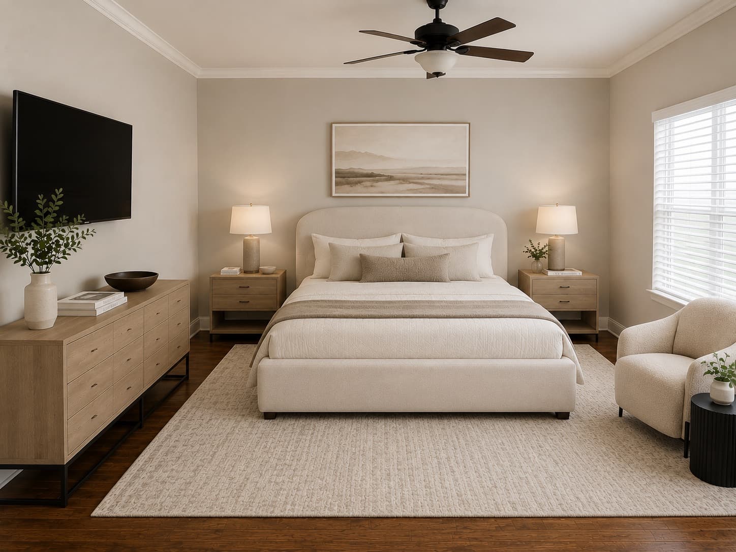 Furnished bedroom with wall-mounted TV and neutral bedding